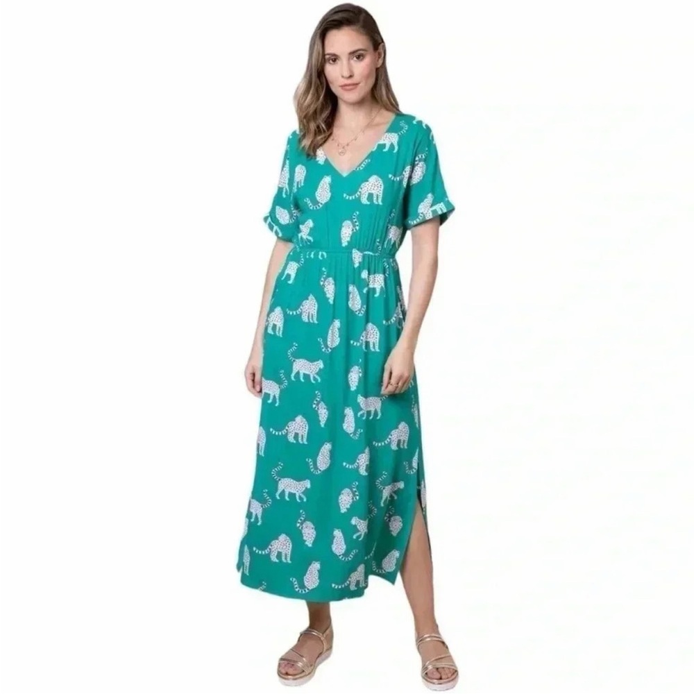 ANORAK London Teal Leopard Print EcoVero Midi Dress, Size 16 (US 12 LARGE)